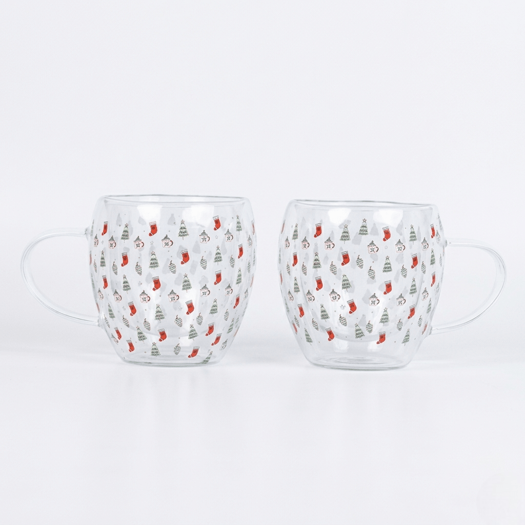Set-2 Christmas Tree & Stocking -Double Wall Glass Mug - Memories Insite